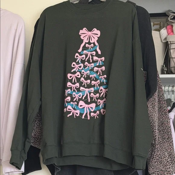 Dark Green Crewneck Sweater with Pink Bow Tree Graphic - Picture 1 of 1